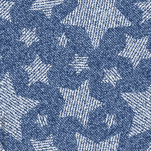 Jeans background with stars. Vector Denim seamless pattern. Blue jeans fabric