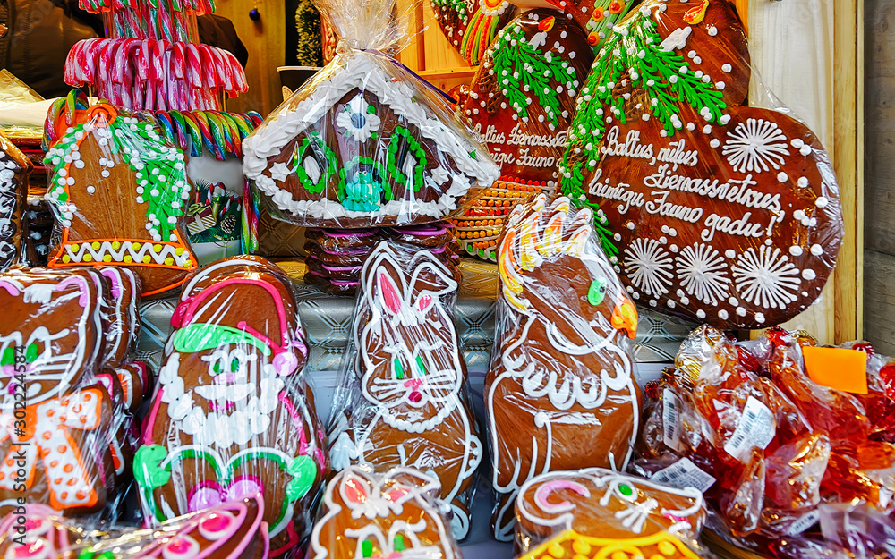 One of the most traditional sweet treats which are gingerbreads pictured at the Christmas Market in Riga, Latvia. They can be found at different sizes and icing.