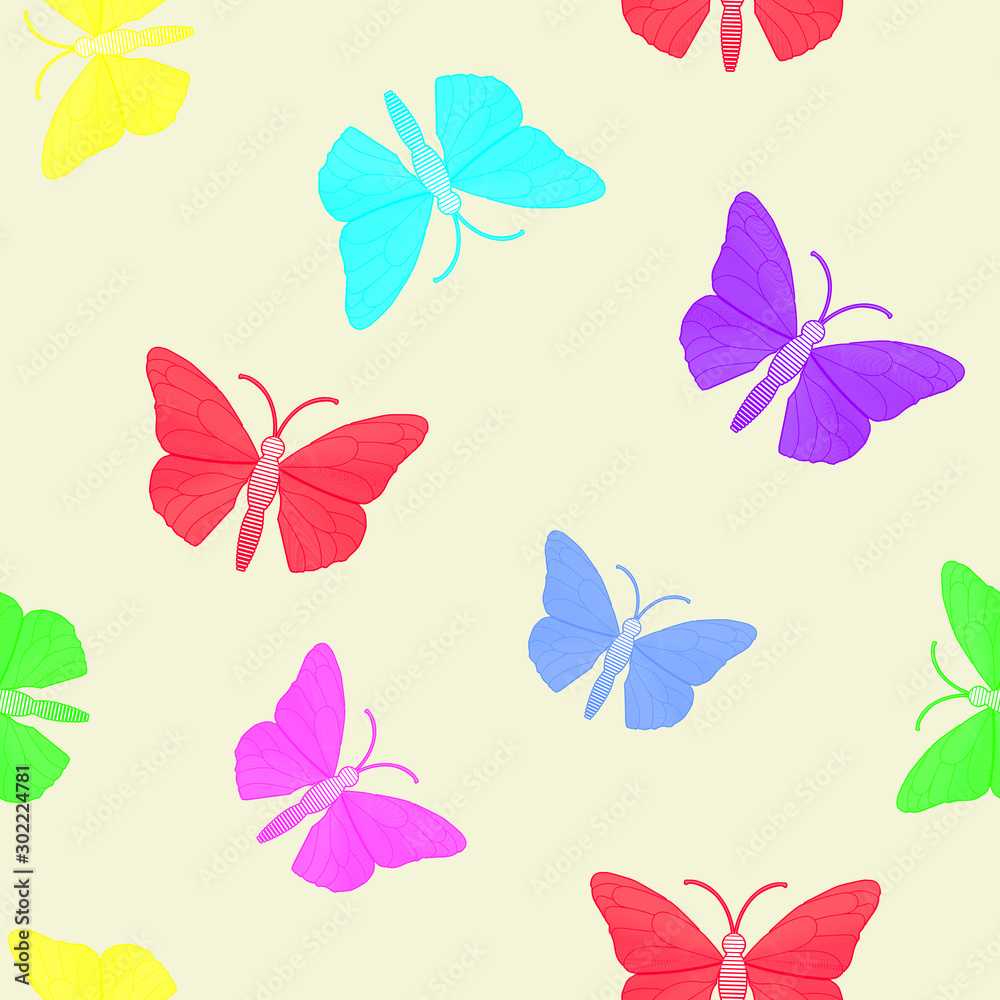 Seamless pattern. Multicolored guilloche butterflies on a yellow background