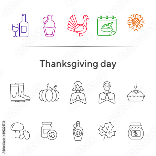 Thanksgiving day line icon set with pumpkin pie and turkey cock