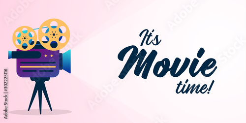 Lovely movie time concept with film projector and text area with sample title in bright colors. Vector illustration.