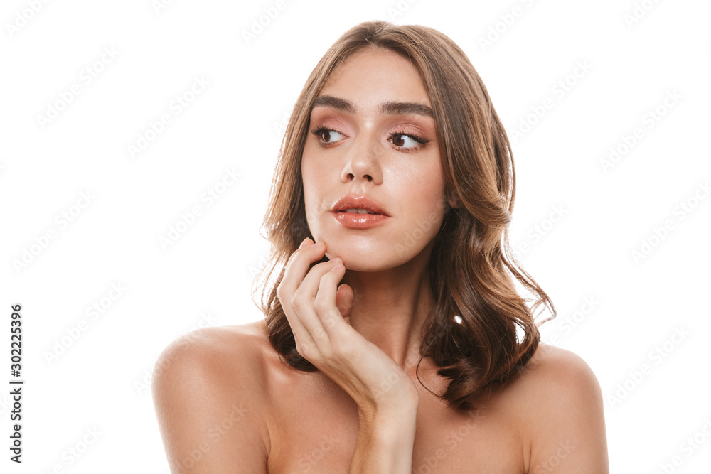 Portrait closeup of caucasian young half-naked woman looking aside Portrait closeup of caucasian young half-naked woman looking aside