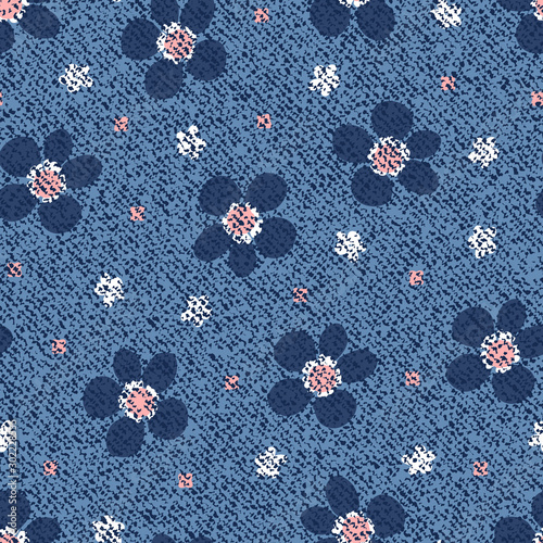 Vector Jeans background with flowers. Denim seamless pattern. Blue jeans fabric. Floral grunge background
