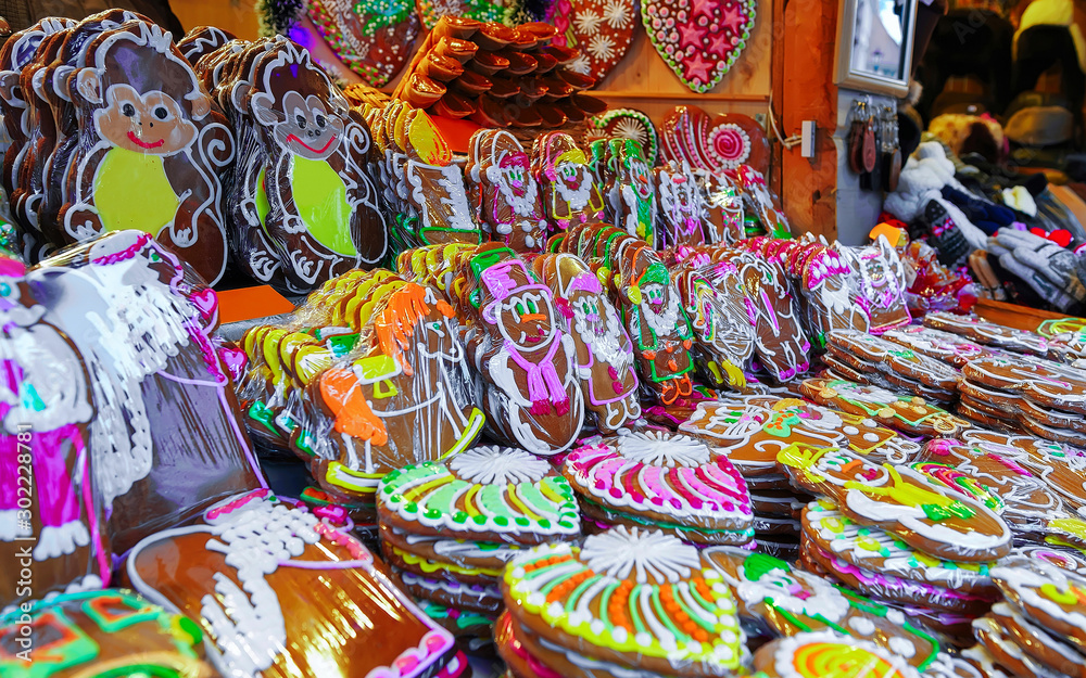 One of the most traditional sweet treats which are gingerbreads pictured at the Christmas Market in Riga, Latvia in the street. They can be found in different icing.