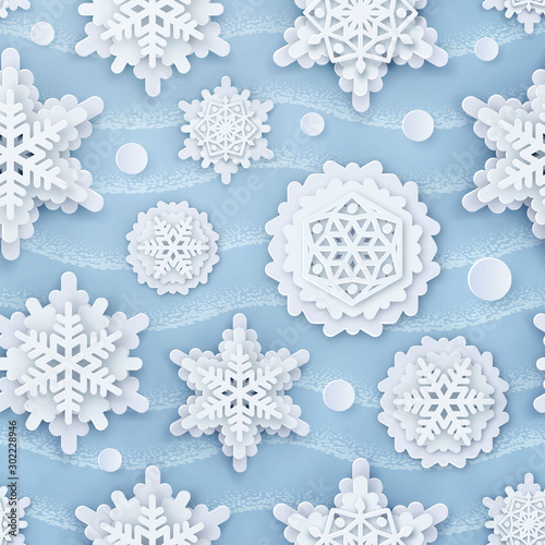 Vector cover with Papercut Snowflakes. Layered realistic snow flake winter 3D icons. Xmas, New Year header, business greeting card, invitation, article