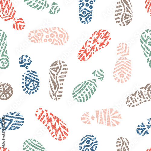 Grunge Colorful footprints Seamless pattern. Hand drawn doodles shoe tracks - Vector illustration