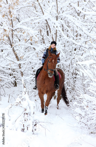 Equestrian country girl riding her horse in winter forest