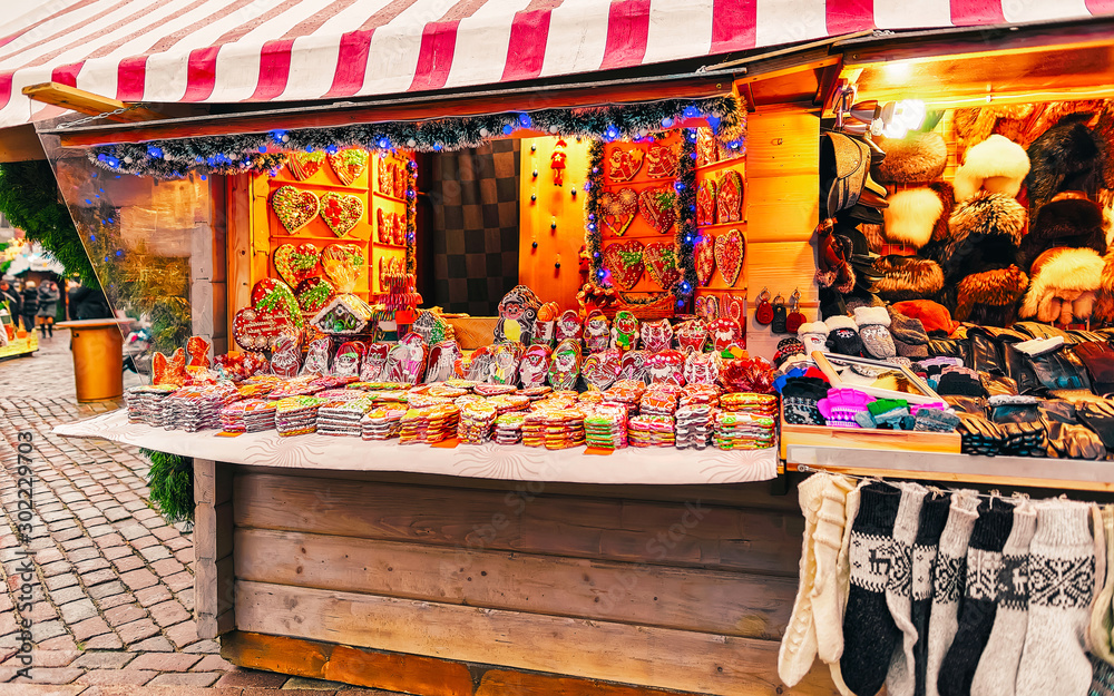 Gingerbread food at Christmas market in Riga of Latvia in winter.