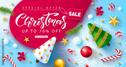 Christmas sale web banner. Holiday background with cute Christmas trees, balls,Rowan,snow,streamers and golden stars.Vector illustration for website,posters,ads,coupons,promotional material.