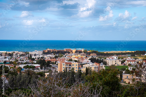 High point view to the Paphos city with buildings  sea and sky.