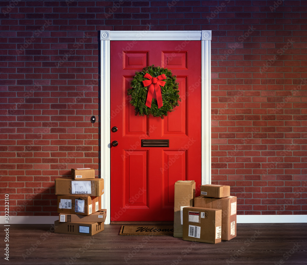 Last minute Christmas holiday shopping spree boxes delivered to the front door. - obrazy, fototapety, plakaty 