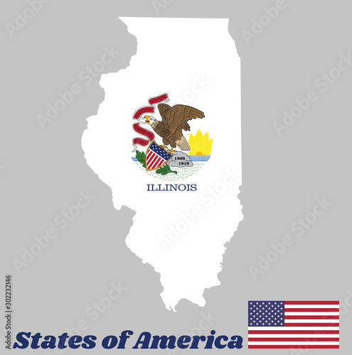 Map outline and flag of Illinois. Seal of Illinois on a white background, the states of America.