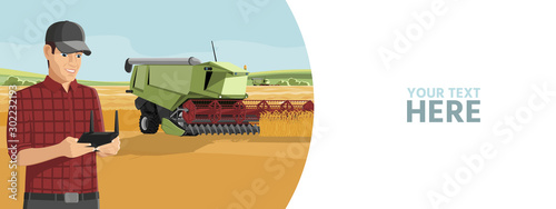 Farmer controls an autonomous harvester on a smart farm. Vector banner template