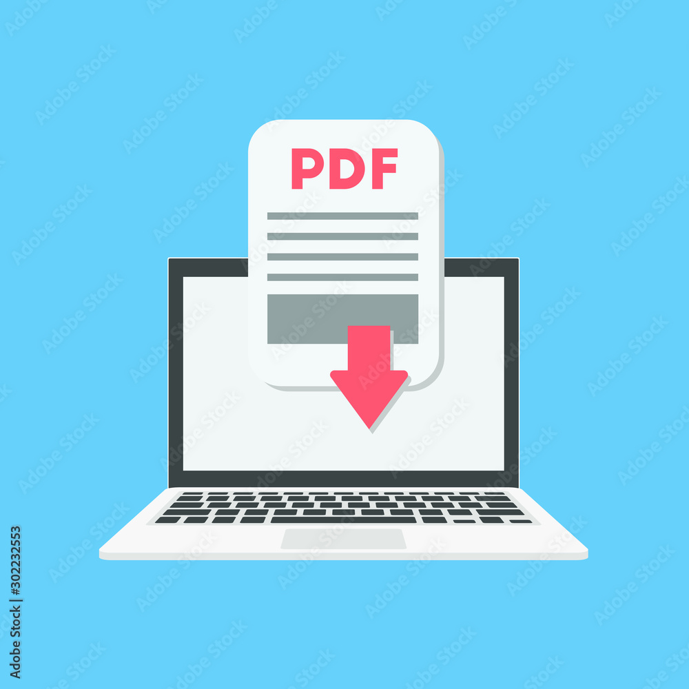 Pdf document download on the laptop concept. Vector illustration. 