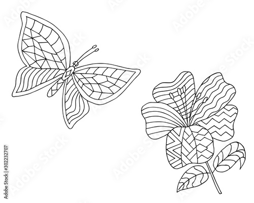 butterfly and flower coloring page contour vector illustration 