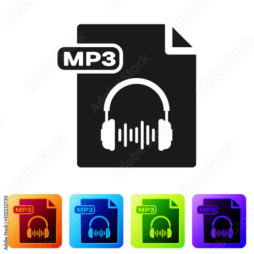 Black MP3 file document. Download mp3 button icon isolated on white background. Mp3 music format sign. MP3 file symbol. Set icons in color square buttons. Vector Illustration