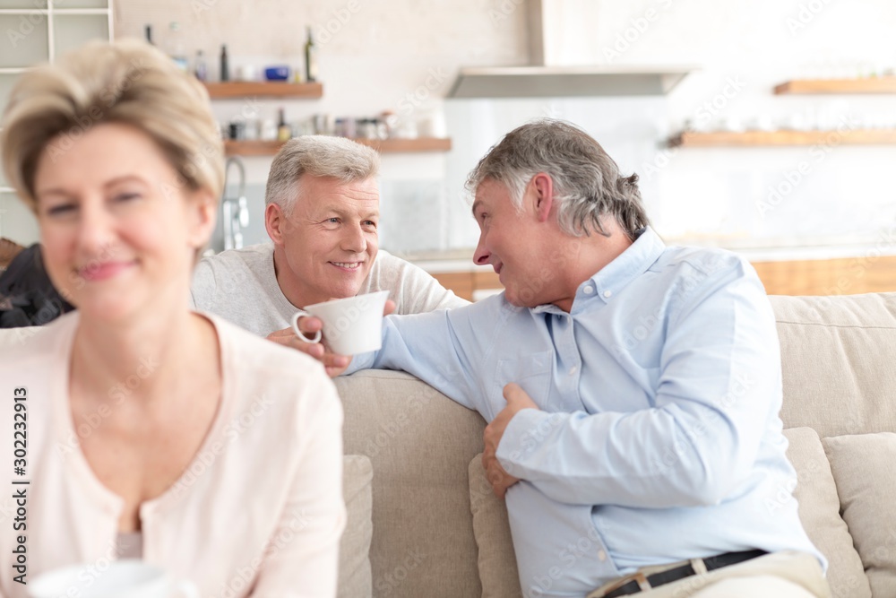 Fototapeta premium Smiling men talking by woman sitting on sofa at home