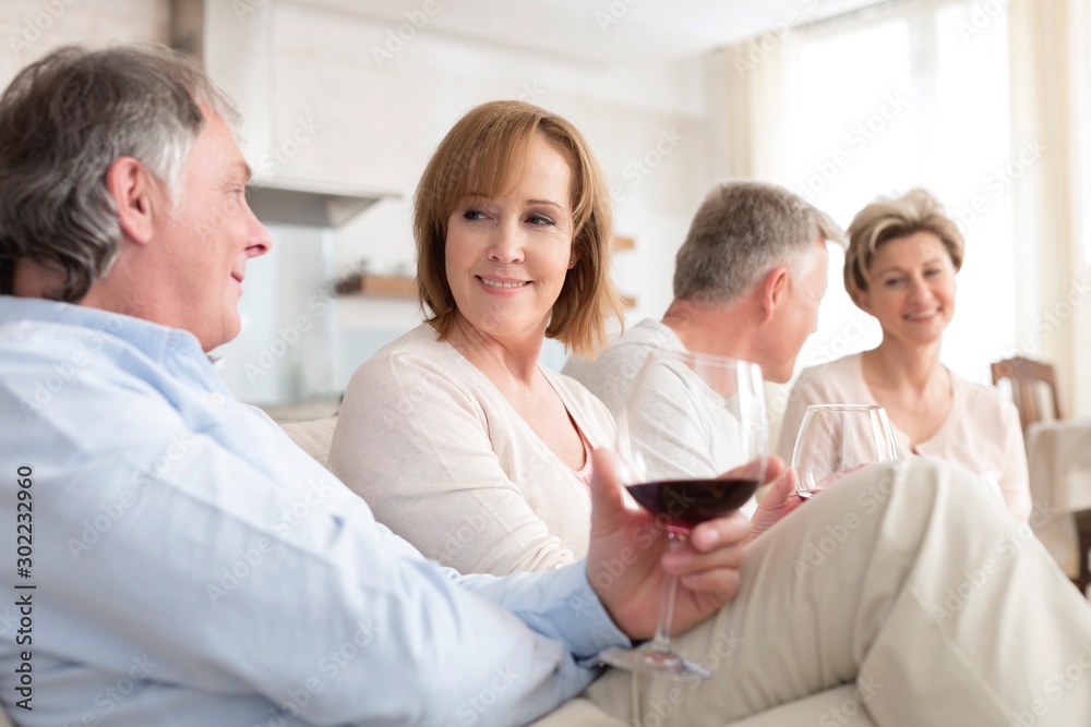 Smiling mature friends talking while sitting on sofa in living room at home Smiling mature friends talking while sitting on sofa in living room at home