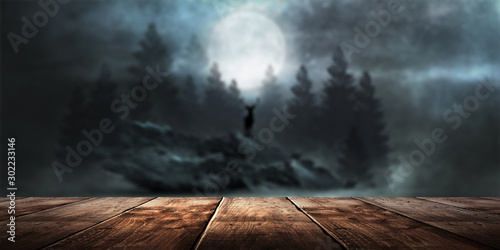 Wooden table night landscap...