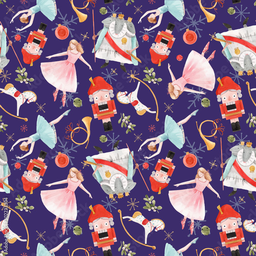 Watercolor vector christmas winter nutcracker fairy tale ballet seamless pattern