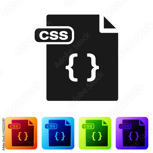Black CSS file document. Download css button icon isolated on white background. CSS file symbol. Set icons in color square buttons. Vector Illustration