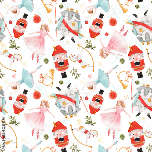 Watercolor vector christmas winter nutcracker fairy tale ballet seamless pattern