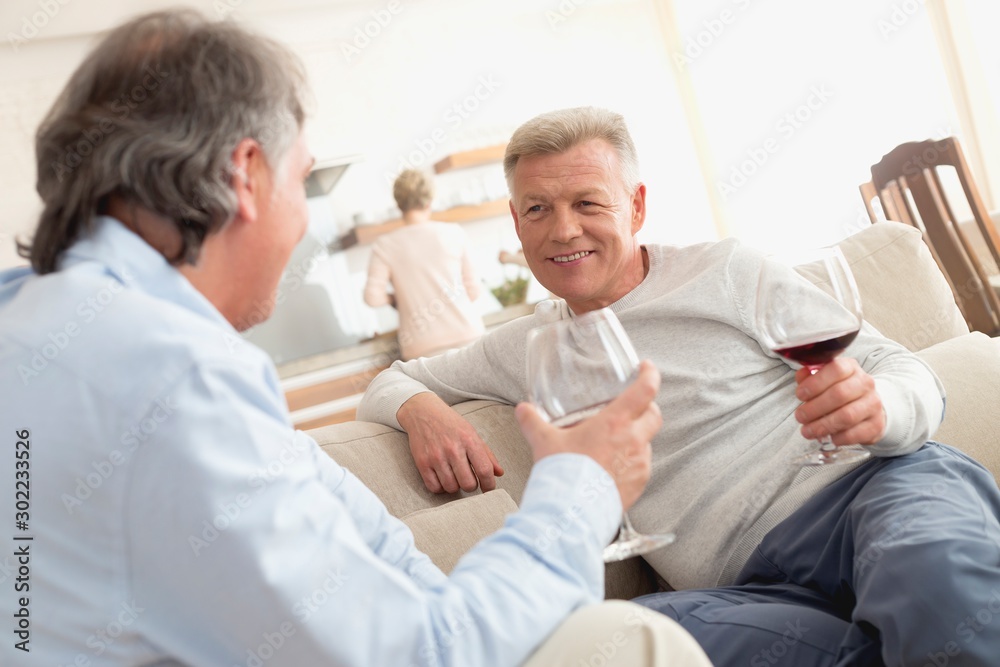 Smiling mature men talking while sitting in living room at home Smiling mature men talking while sitting in living room at home