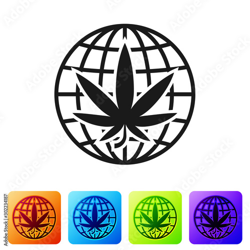 Black Legalize marijuana or cannabis globe symbol icon isolated on white background. Hemp symbol. Set icons in color square buttons. Vector Illustration
