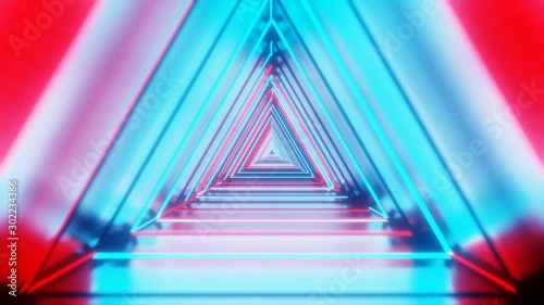 Abstract animated background with blue, purple, red light move seamless loop.Triangle shape with blur aura. 3D Neon light. EDM. Electronic music backdrop with saturated color. Colorful.