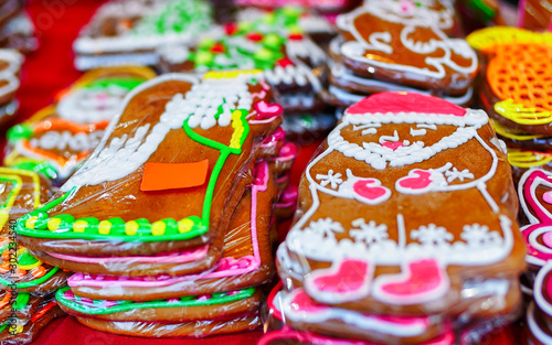Festively decorated gingerbreads on display at the Christmas market in Riga, Latvia. The market takes place each year from the beginning of December till the start of January. © Roman Babakin