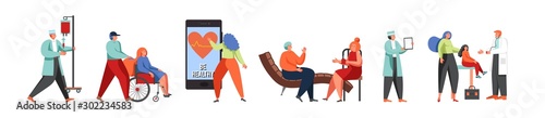 Medical staff and patients in hospital or clinic, vector flat isolated illustration