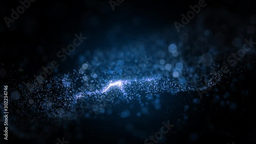 Abstract premium wave animated motion graphic on black background, seamless loop. Animation. White and blue particles move on middle backdrop.