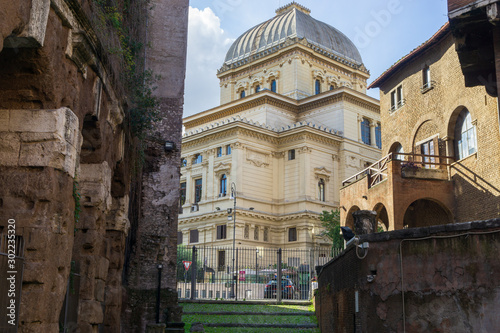View of the Great Synagogue among Roman ruins and medieval buildings in Rome, Italy