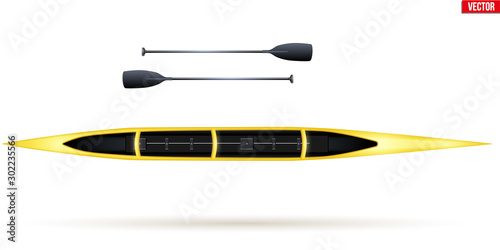 Double canoe and paddles for water sports. Top view of Equipment whitewater sprint canoeing. Vector Illustration isolated on white background.