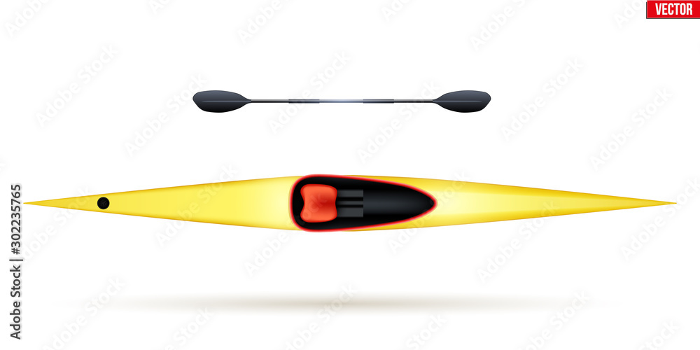 Single Kayak and paddle for water sports. Top view of Equipment whitewater sprint kayaking. Vector Illustration isolated on white background. Single Kayak and paddle for water sports. Top view of Equipment whitewater sprint kayaking. Vector Illustration isolated on white background.