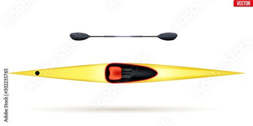 Single Kayak and paddle for water sports. Top view of Equipment whitewater sprint kayaking. Vector Illustration isolated on white background.