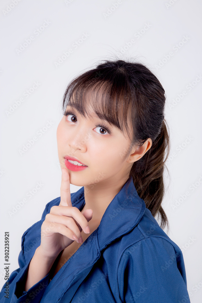 Beautiful portrait young asian business woman expression thinking isolated on white background, asia girl confident having idea and imagination with question in corporate, businesswoman concept. Beautiful portrait young asian business woman expression thinking isolated on white background, asia girl confident having idea and imagination with question in corporate, businesswoman concept.
