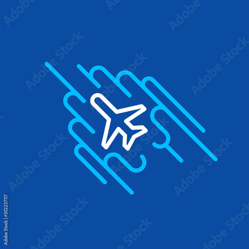Airplane flight up silhouette lines arstract clouds sky blue color