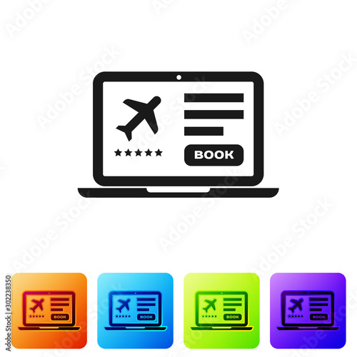 Black Laptop with electronic boarding pass airline ticket icon isolated on white background. Passenger plane mobile ticket for web and app. Set icons in color square buttons. Vector Illustration