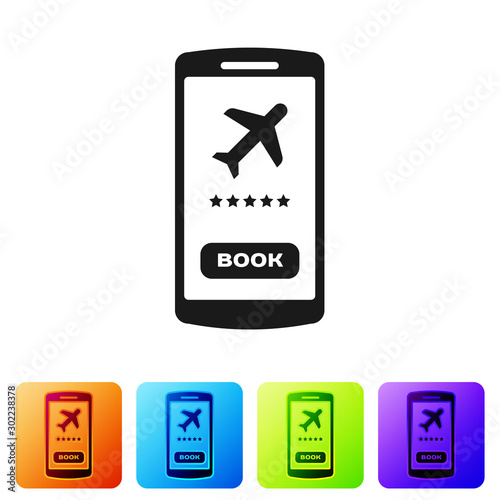 Black Smartphone with electronic boarding pass airline ticket icon isolated on white background. Passenger plane mobile ticket for web and app. Set icons in color square buttons. Vector Illustration