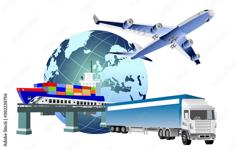 Global logistics concept, 3d vector trucks, ship, train, vector illustration