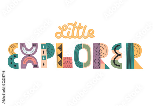 Illustration with lettering Little Explorer. Vector illustration in a Scandinavian style on a white background.