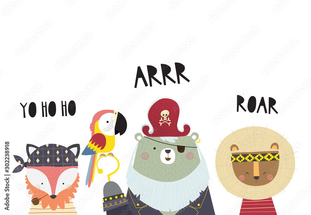 Cute Illustration with a little fox, bear with parrot and lion and inscriptions ROAR, YO HO HO, ARRR. Vector illustration in a Scandinavian style. Cute Illustration with a little fox, bear with parrot and lion and inscriptions ROAR, YO HO HO, ARRR. Vector illustration in a Scandinavian style.