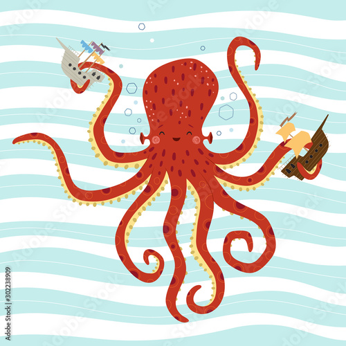 Illustration of a cute octopus on a wavy background. Vector illustration in a Scandinavian style.