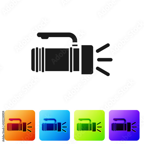 Black Flashlight icon isolated on white background. Tourist flashlight handle. Set icons in color square buttons. Vector Illustration