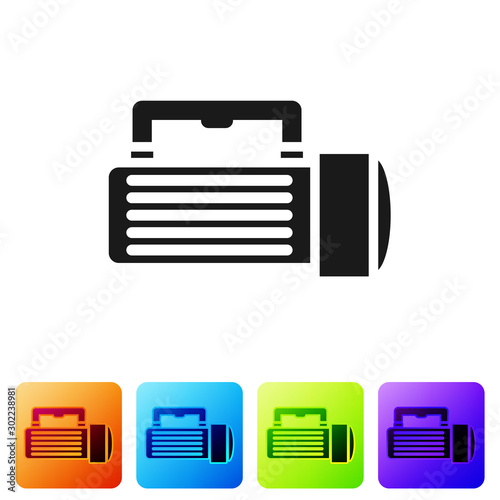 Black Flashlight icon isolated on white background. Tourist flashlight handle. Set icons in color square buttons. Vector Illustration
