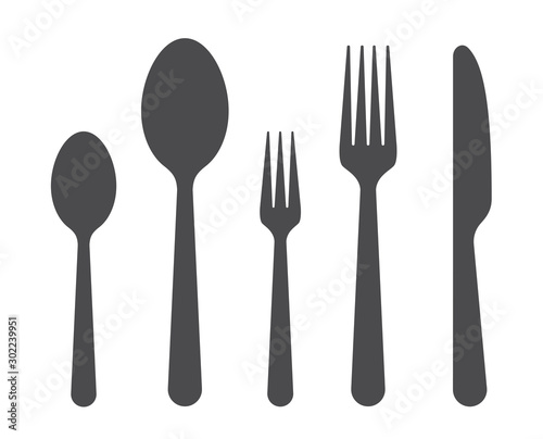 Set of fork spoon and knife graphic symbols. Black vector cutlery icons on white background - stock vector.