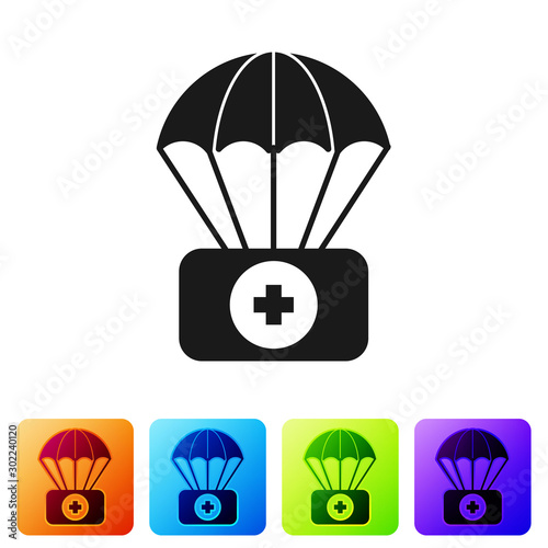 Black Parachute with first aid kit icon isolated on white background. Medical insurance. Set icons in color square buttons. Vector Illustration