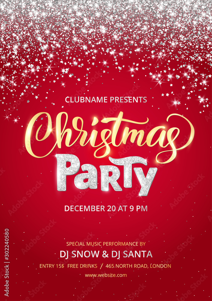 Christmas party poster template. Sparkling glitter holiday background