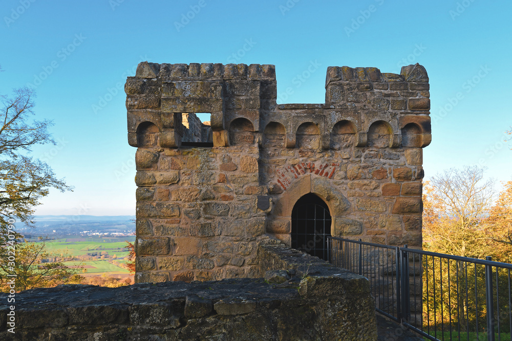 Corner tower of Medieval fortress called 'Burg Steinsberg'  in village of Weiler, a suburb of city Sinsheim
